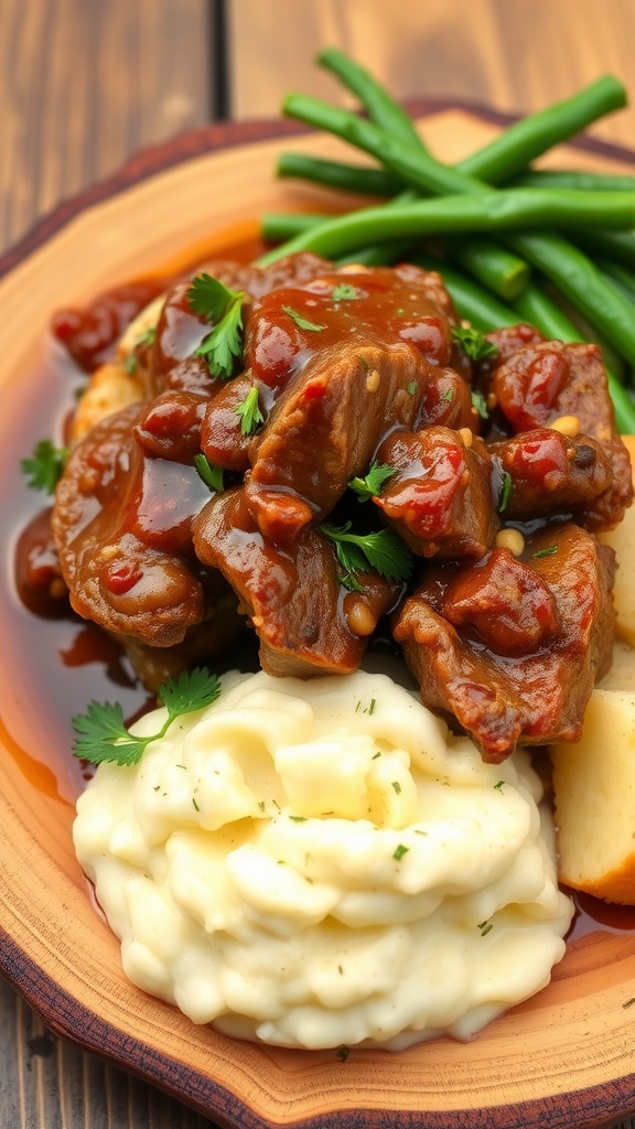 Braised pork shoulder served with mashed potatoes and green beans on a rustic wooden plate.